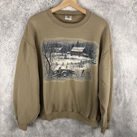 Vintage Jerzees Y2K Pullover Sweatshirt Winter Scene Size Medium Beige - Picture 1 of 5